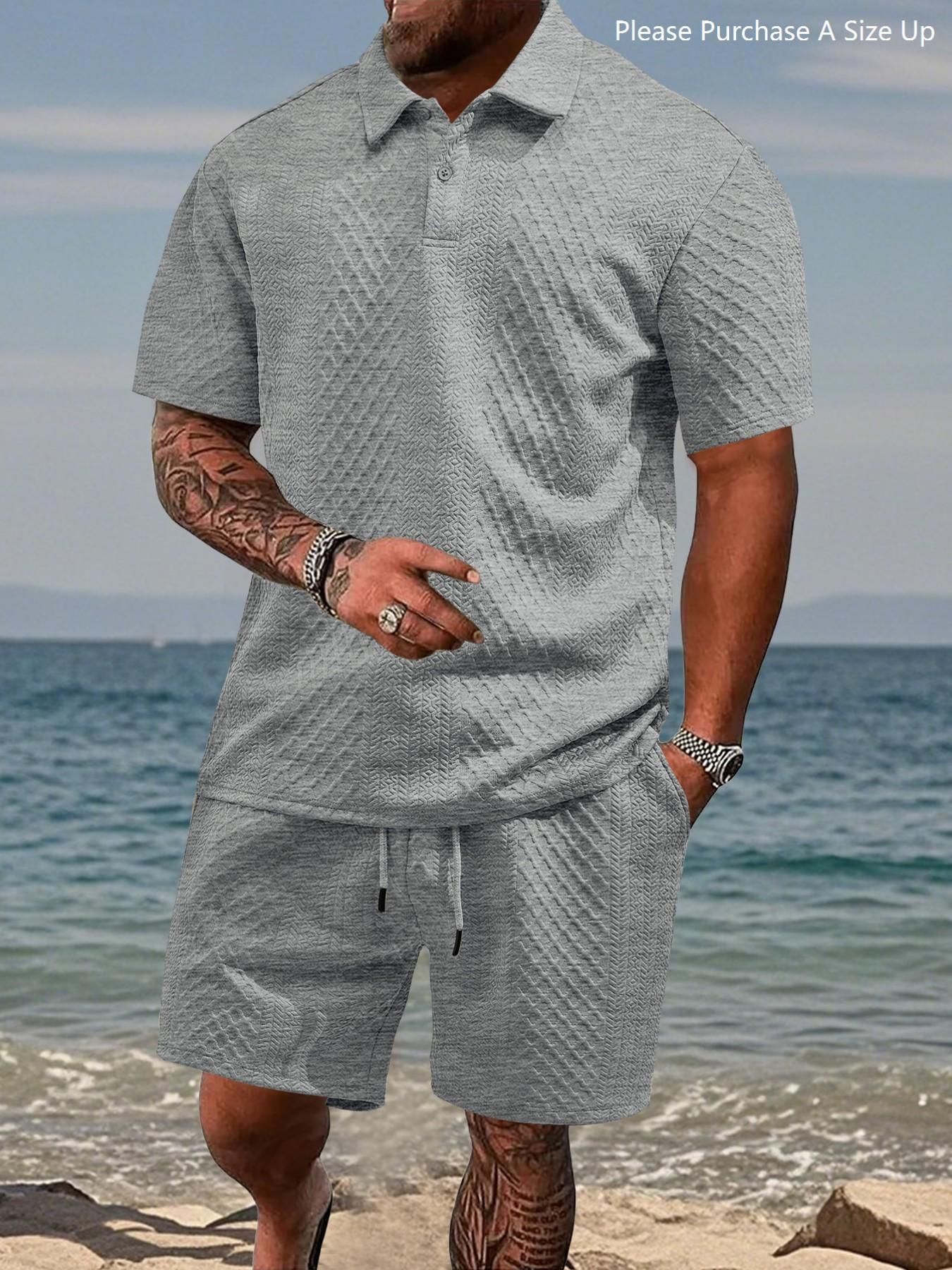 Please Purchase A Size Up. Men's Solid Polo Shirt & Drawstring Waist Shorts Set, Cozy Breathable Two-piece Outfits for Daily Outdoor Wear, Men Clothes for Summer.