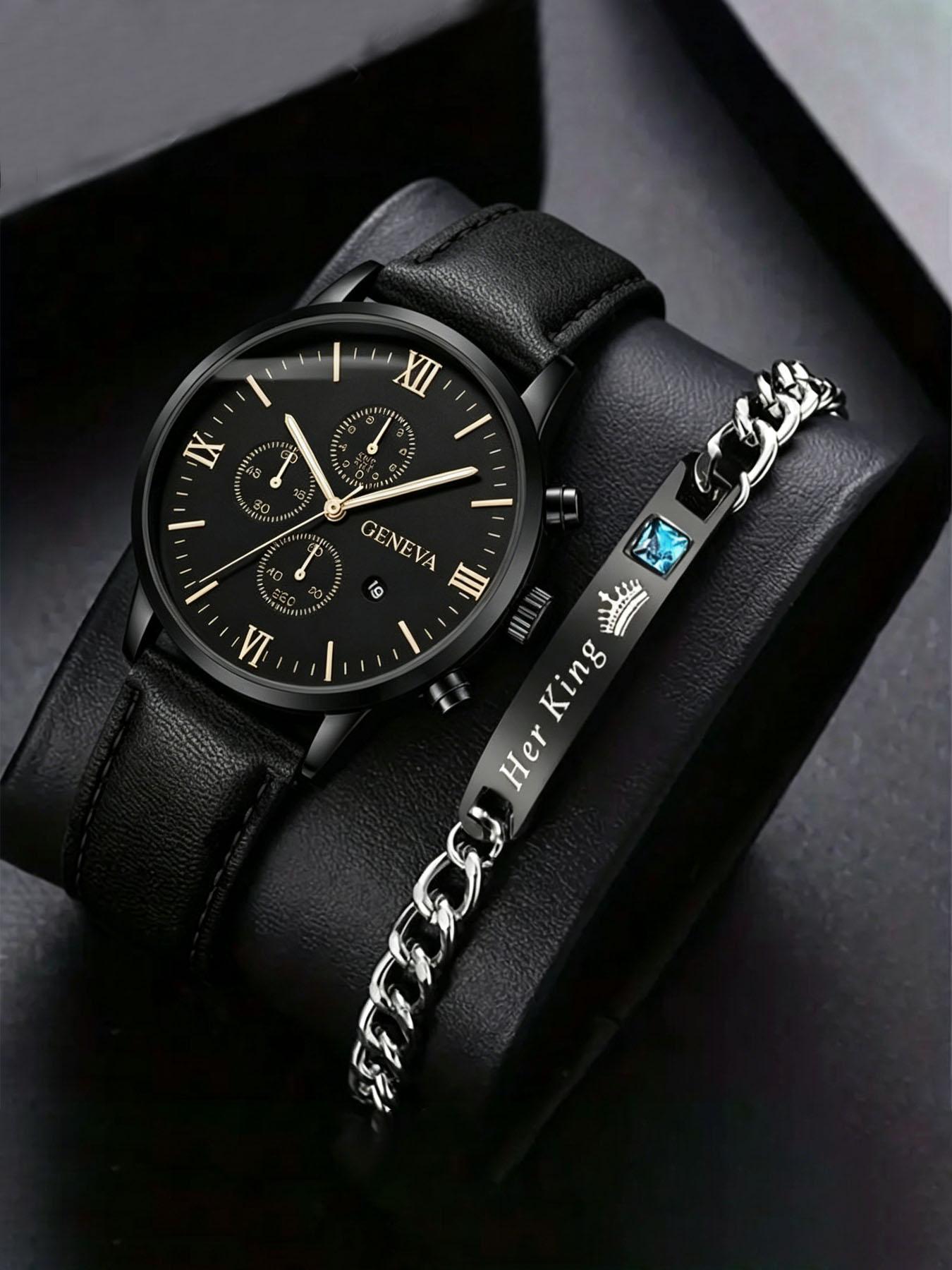 2-piece men's business fashion blue light three eye quartz watch set Analog Quartz Watch