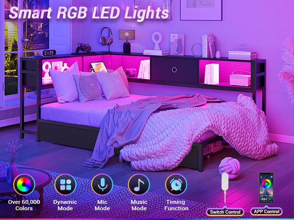 Hasuit Twin Corner Bed Frame with Storage Drawers and Bookcase Headboard, Twin Size Metal Platform Corner Bed Frame with Charging Station and LED Lights, Twin Daybed for Kids Teens Guests