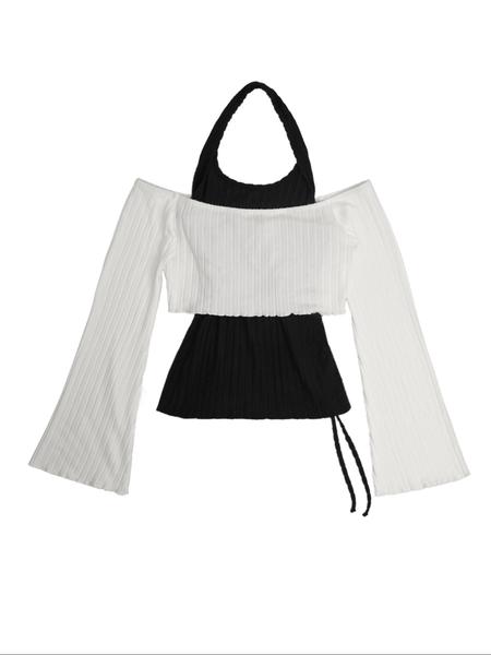 2PCS Fashion casual women's contrasting neck hanging solid color top two-piece set