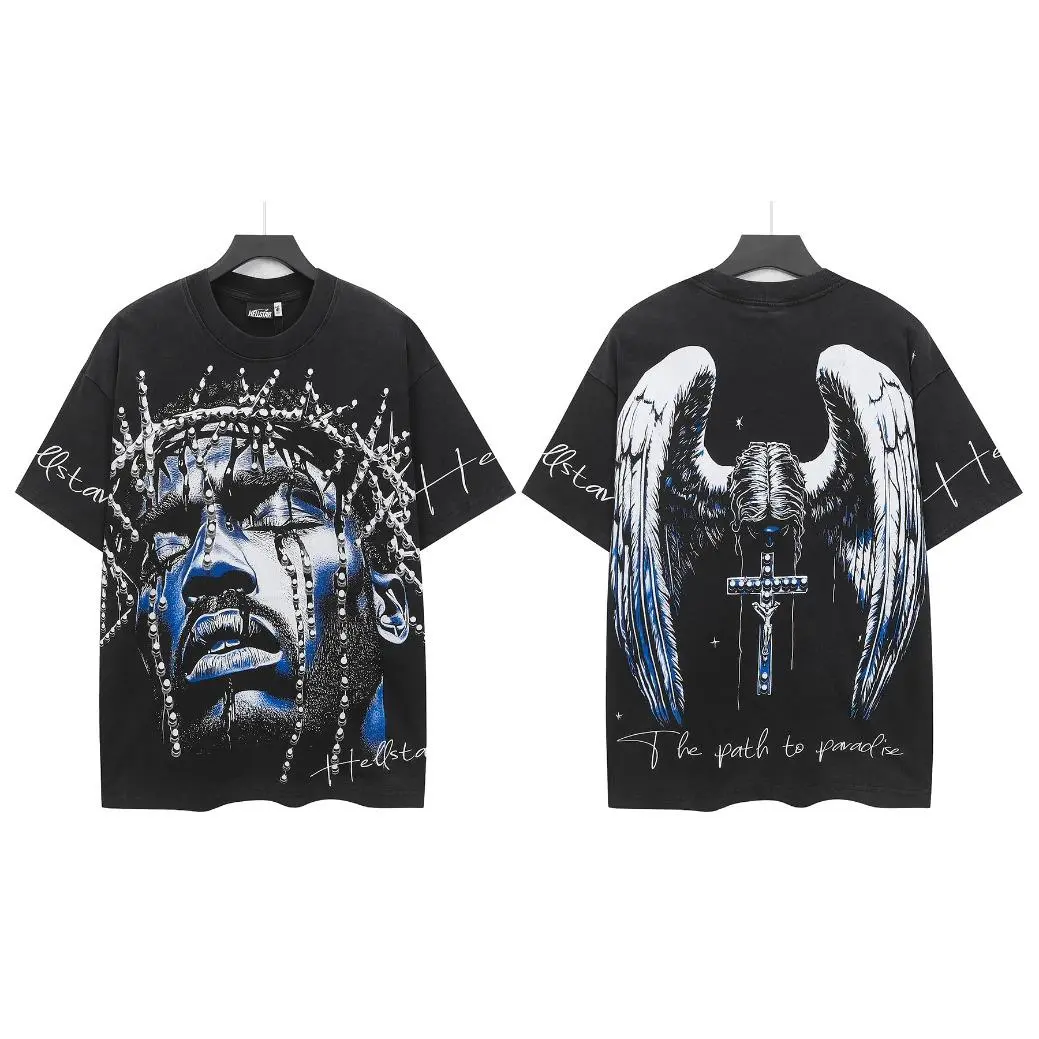 Hellstar Gabos Shooting Star T Shirt Black Graphic Tee with Bold Silver Chest Logo and Oversized Flame Face Back Print Heavy Cotton Loose Fit Streetwear Top Angel Wings Cross Graphic Y2K Gothic Hip Hop Back To School Outfit