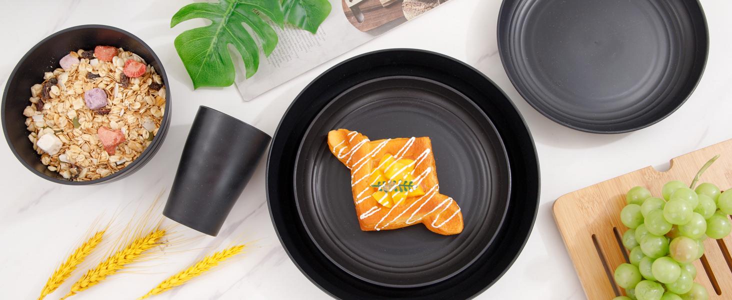 Wheat Straw Dinnerware Sets,Plates and Bowls Set, Dish Sets for 8, Unbreakable Plate for 8 Dishwasher Safe,Reusable Dinnerware Black-16pcs Plates, 8pcs Bowls, 8pcs Cups.