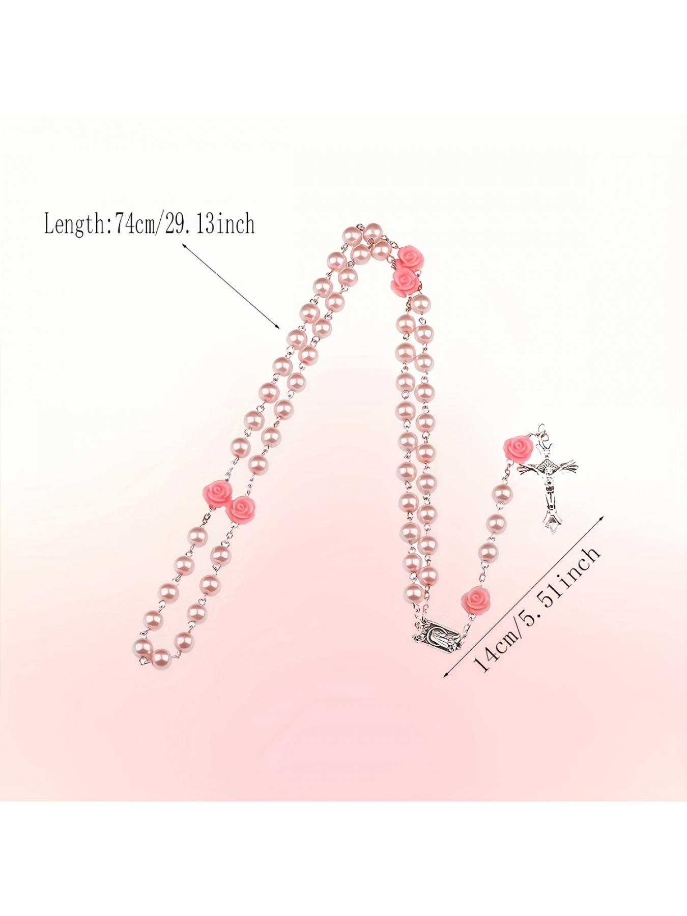 Vintage Pink Resin Beaded Rose Cross Pendant Clothing Accessories Jewelry, Light Luxury Premium Commemorative Gift for Family and Friends