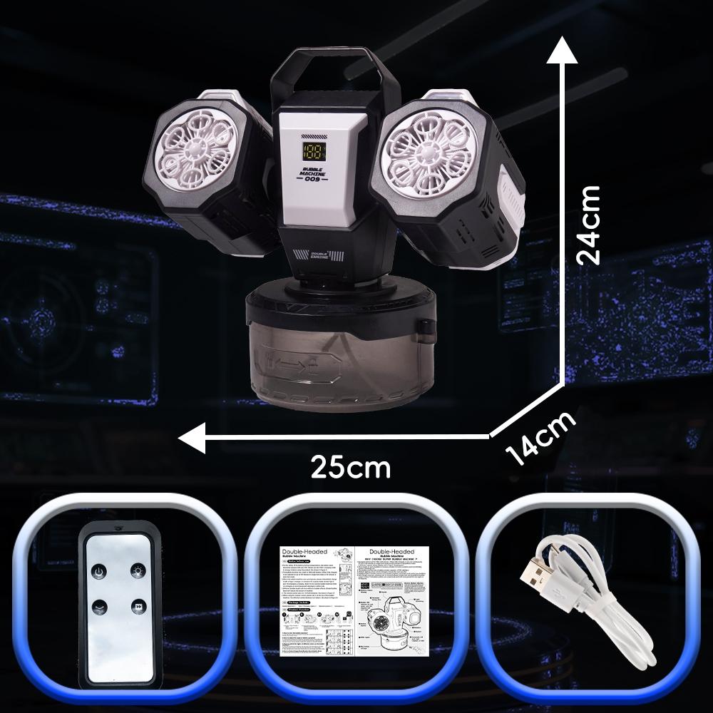 Dual Head Remote Bubble Machine, RGB Atmosphere Light, Rechargeable, 360° Auto Rotation, 30000 Bubbles Per Minute, Wedding Party Outdoor Use