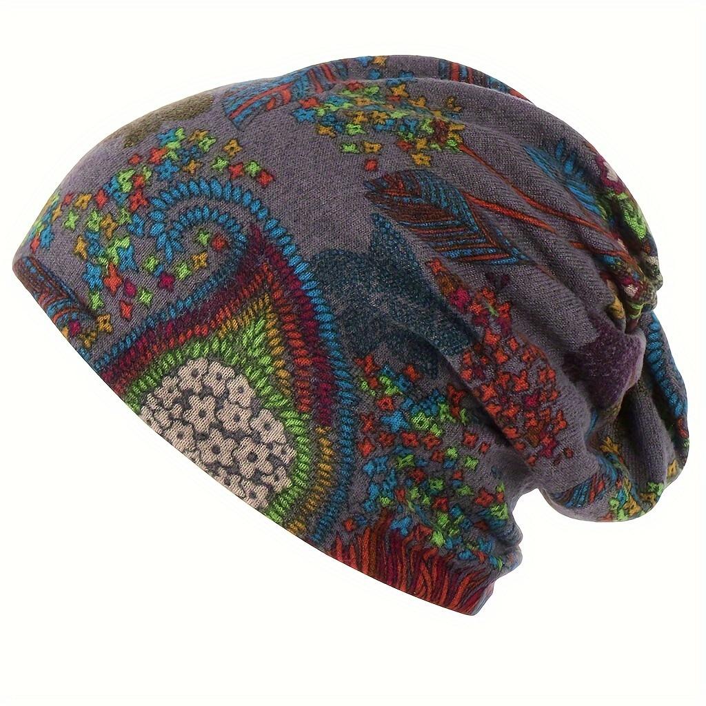 Women's 4-Piece Decorative Knit Fabric Head Covering Hats Set - Bohemian Floral Printed, Brimless, Elastic, Lightweight Multifunctional Fall Winter Warm Headscarf Neck Cover for Chemotherapy Patients