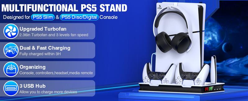 PS5 Stand and Cooling Station with Controller Charging Station for PS5 Slim/PS5/PS5 Pro, PS5 Accessories Incl,3 Levels Cooling Fan, 3 USB Hub, Headset Holder, Media Slot for PS5 Slim&PS5 Disc/Digital Console