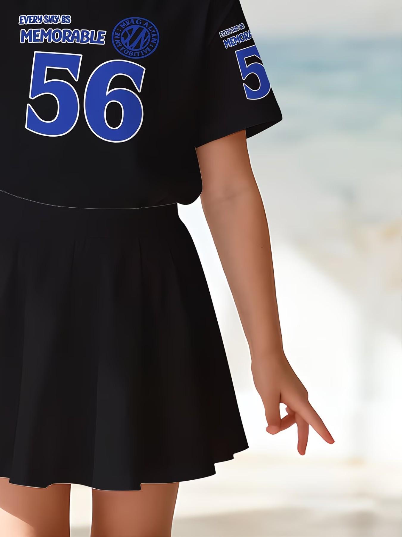 Girls' 3D Print Number Pattern Top and Skirt Set, Casual Slim-Fitting Summer, Round Neck Short Sleeve, Daily Wear