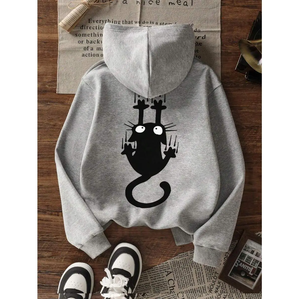 Women's Cotton Pullover Hoodie Sweatshirt - Casual Essential, Fleece-Lined Warm Fabric, Cartoon Cat Print, Autumn-Winter Tops for Women, Cartoon Animal & Animal Face Graphic Unisex Wear