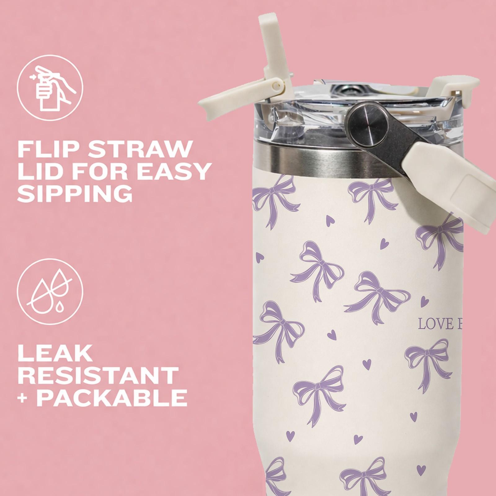 1pc 30oz Stainless Steel Tumbler with Handle, Purple Bow Print Thermal Mug with Lid And Straw, Keeps Hot 12H Cold 24H, Cute Insulated Cup for Travel, Office, Car, Unique Gift for Women