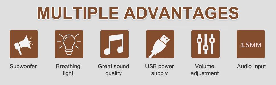 BOBO 3-Speaker Split Computer Audio System with Bass &Treble Knob Control, 3D Surround Sound, RGB Lighting USB-Powered 2.1 Stereo for Gaming/Video Desktop PCSpeakers, Modern Speaker Design, Highquality Audio