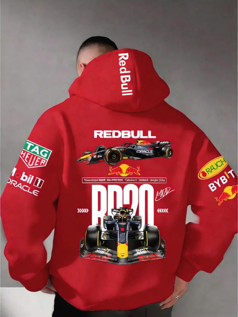 Men's Hooded Sweatshirt F1 Racing Team Collaboration Print Design, Cotton Fleece Material, Loose Fit Mid-Length, and ' Bull Rb20' Racing Theme