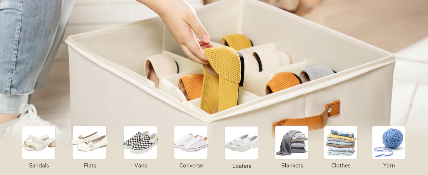 Delamu Shoe Organizer for Closet, Fabric Shoe Storage Boxes with Clear Cover, Adjustable Dividers for Shoe Storage, Foldable Space-saving Storage Container Bins, Fits 8-16 Pairs, Beige