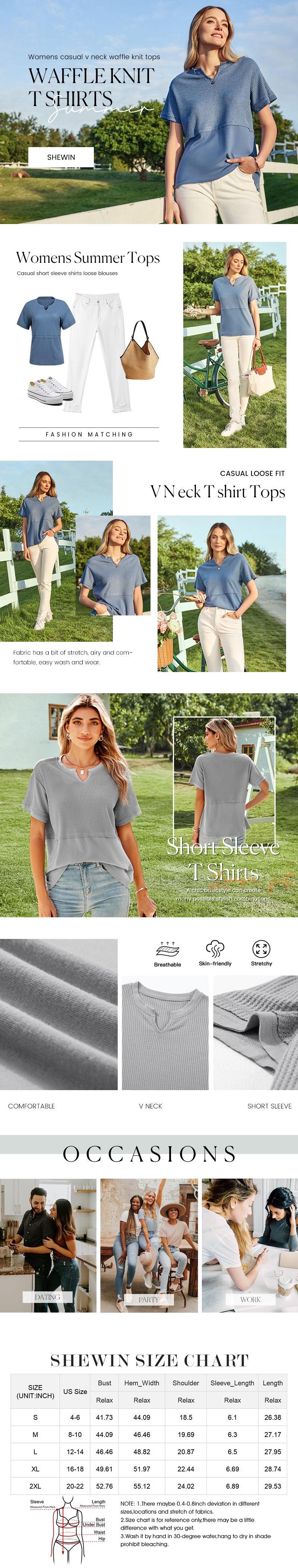 Shewin 2026 Spring/Summer Cozy Oversized Waffle Knit V-Neck Top Women's Short Sleeve Pullover Winter Layering Plus Size for Daily Wear Beach Tee