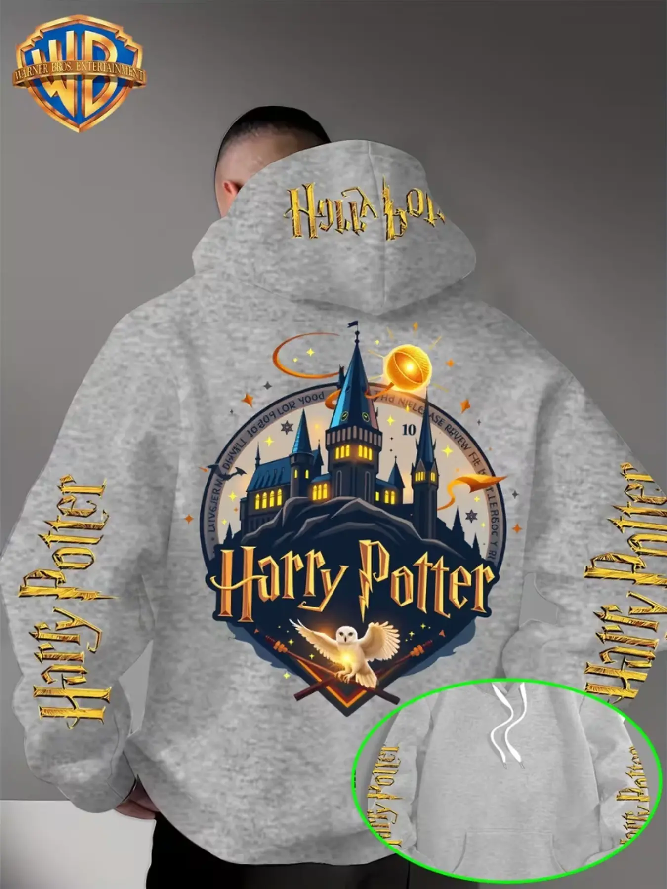 Warner Bros Men's Hogwarts Castle Harry Potter Print Hoodie, Hedwig Gold Label Pullover, Casual Magic World Streetwear Top