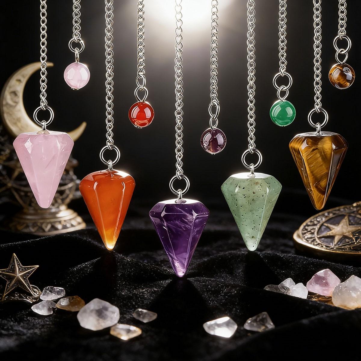 Natural Crystal Pendulum, Hexagonal Carved Stone Dowsing Pendulums, Amethyst Tiger's Eye Rose Quartz, Reiki Yoga Meditation Accessories