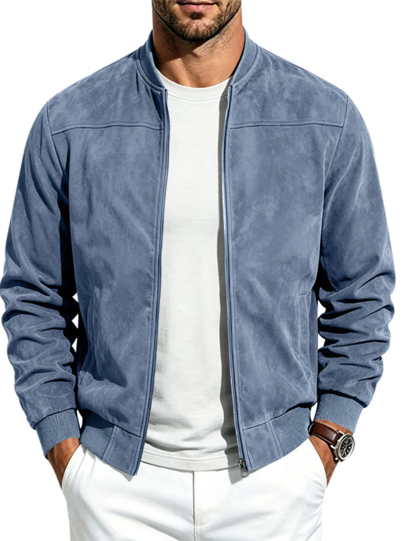 Men's Faux Suede Flight Jacket, Classic Ribbed Neck Zipper Lightweight Baseball Coat, Solid Color Casual Outerwear, Outdoor Daily Wear