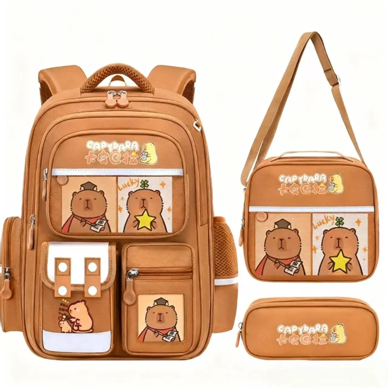 Capybara Theme Kids Backpack for Girls, 3PCS Backpack Set|  Lunch Box & Pencil Case, Bookbag for Teen Girls Kids Elementary Middle High School Students