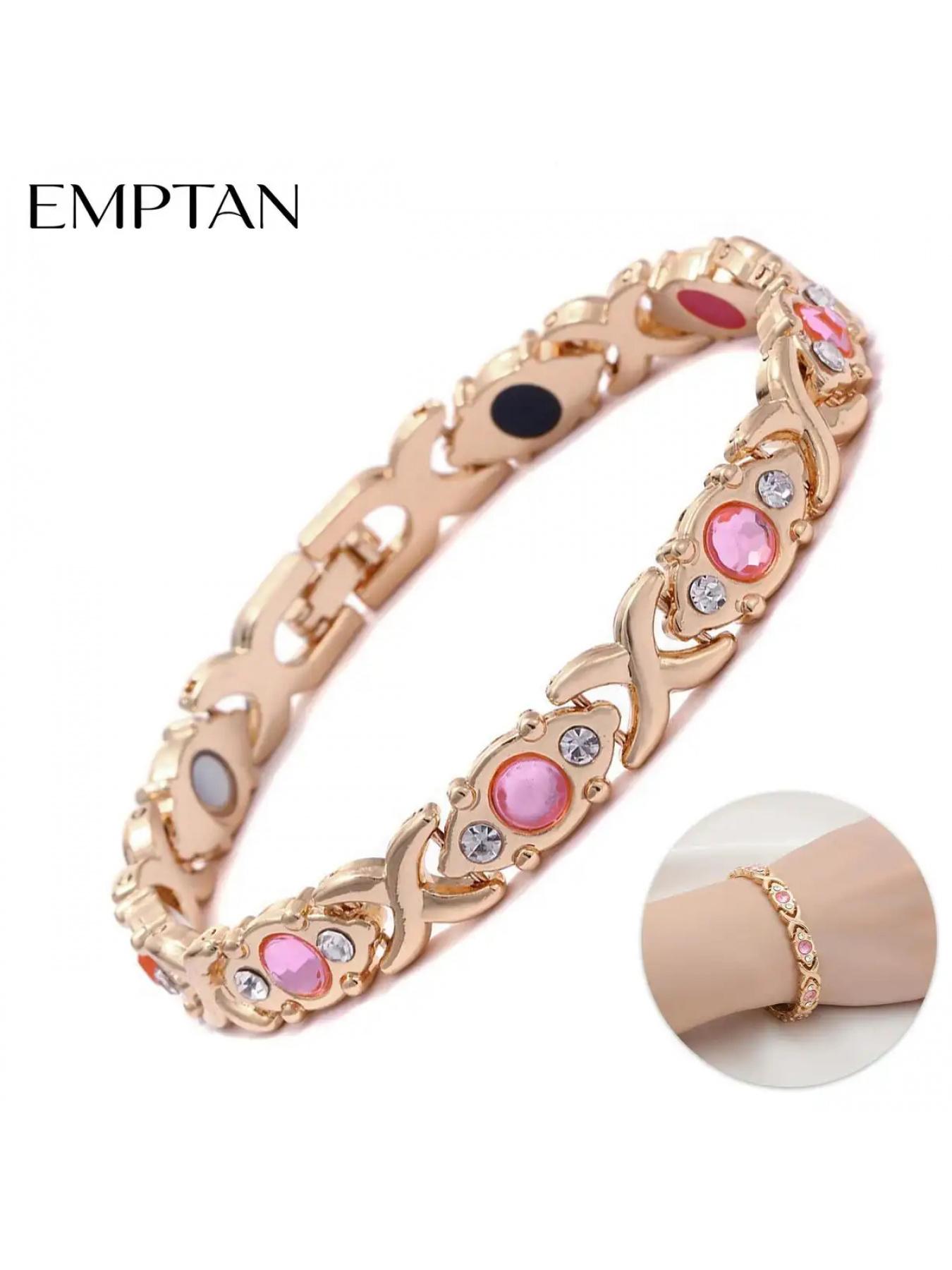 Pink crystal XOXO bracelet, available in silver and rose gold, featuring a classic XOXO design and sparkling pink crystals. Suitable for various styles of clothing.