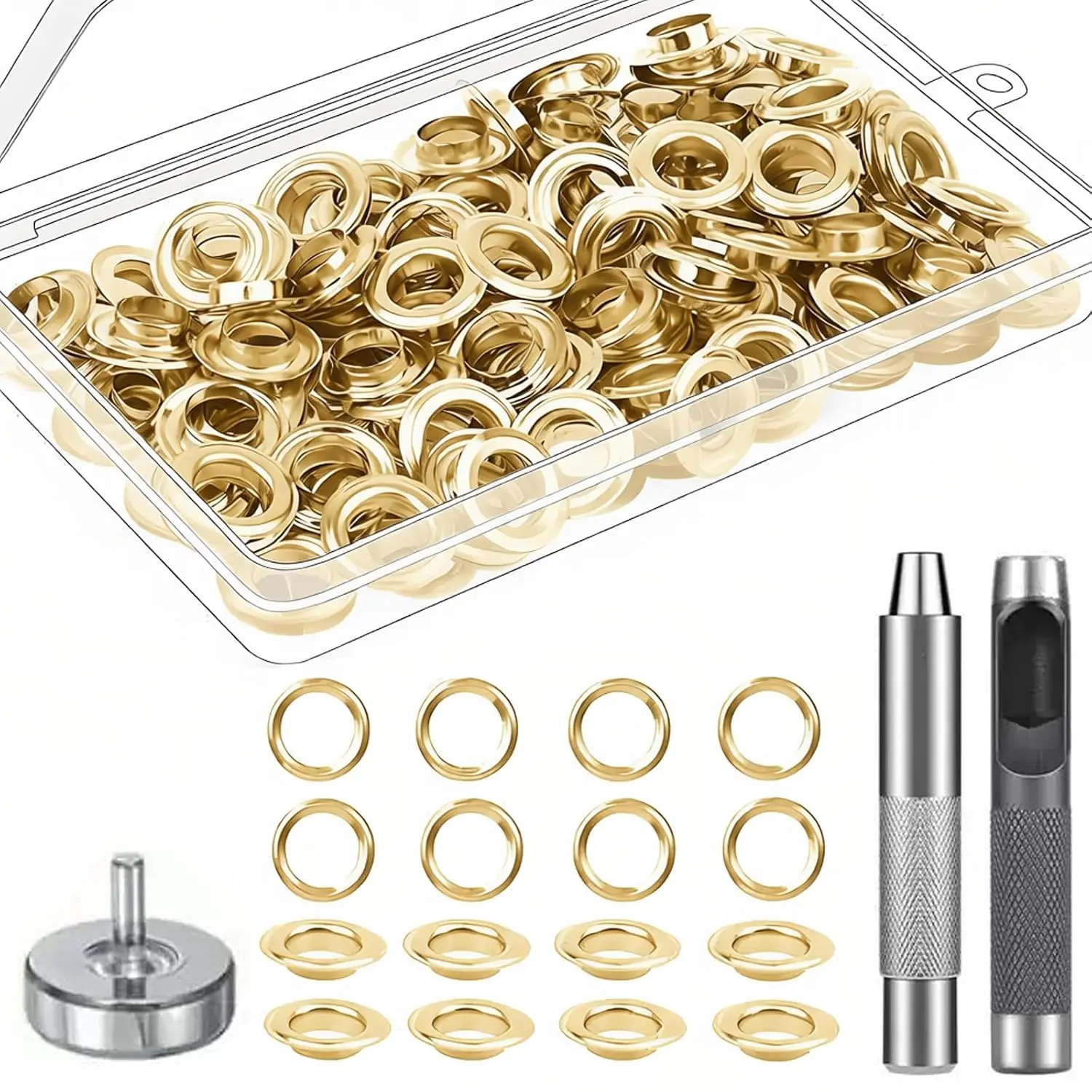 1/4 Inch Grommet Tool Kit 100 Sets - Grommet Eyelets Kit with Punch, Metal Grommets for Fabric, Leather, Canvas ()