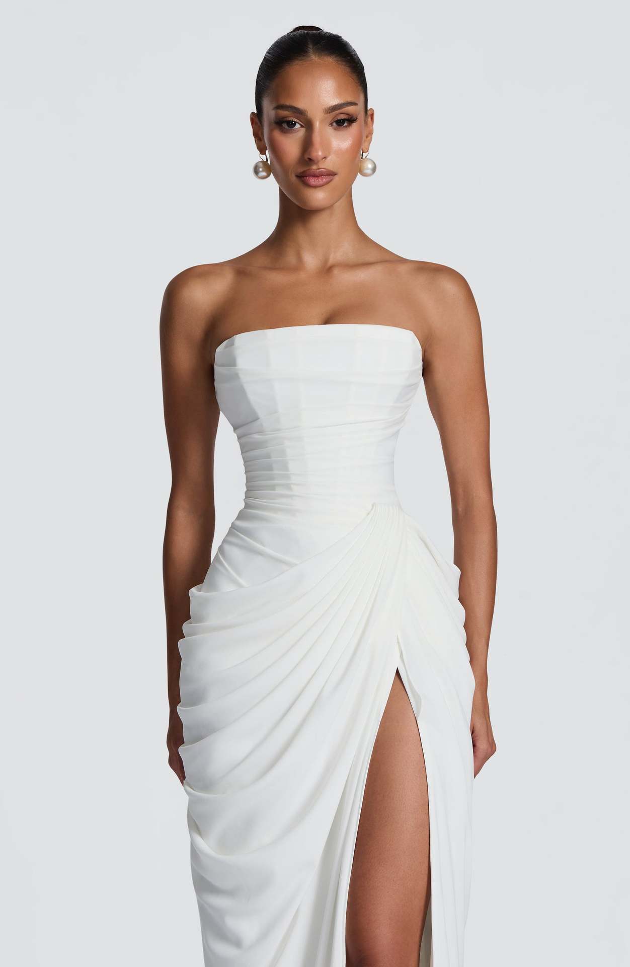 2026 European and American New Style Asymmetrical Pleated Sexy High-Slit French Romantic Strapless Pleated Slit Dress