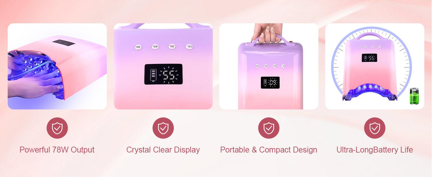 NEO Cordless & Rechargeable Nail Curing Lamp 78W with 4 LCD Time Display Timer, Auto Sensor, and Spacious Interior for All Hand Sizes and Nail Lengths (Gradient Purple Pink/Gradient Pink Gold/Metallic Rose Gold),Infrared Sensor Nail Dryer Lamp
