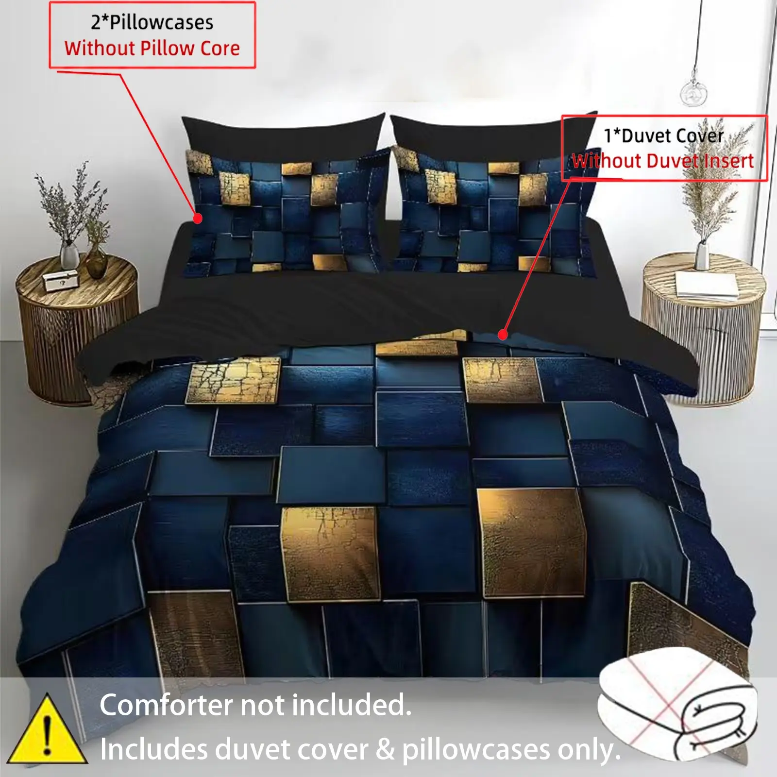 2D printed block splicing bedding set of 3 pieces, suitable for bedrooms and guest rooms, including 2 pillowcases and 1 duvet cover (unfilled) made of polyester material, all season bedding, used for bedroom and guest room decoration Bedset