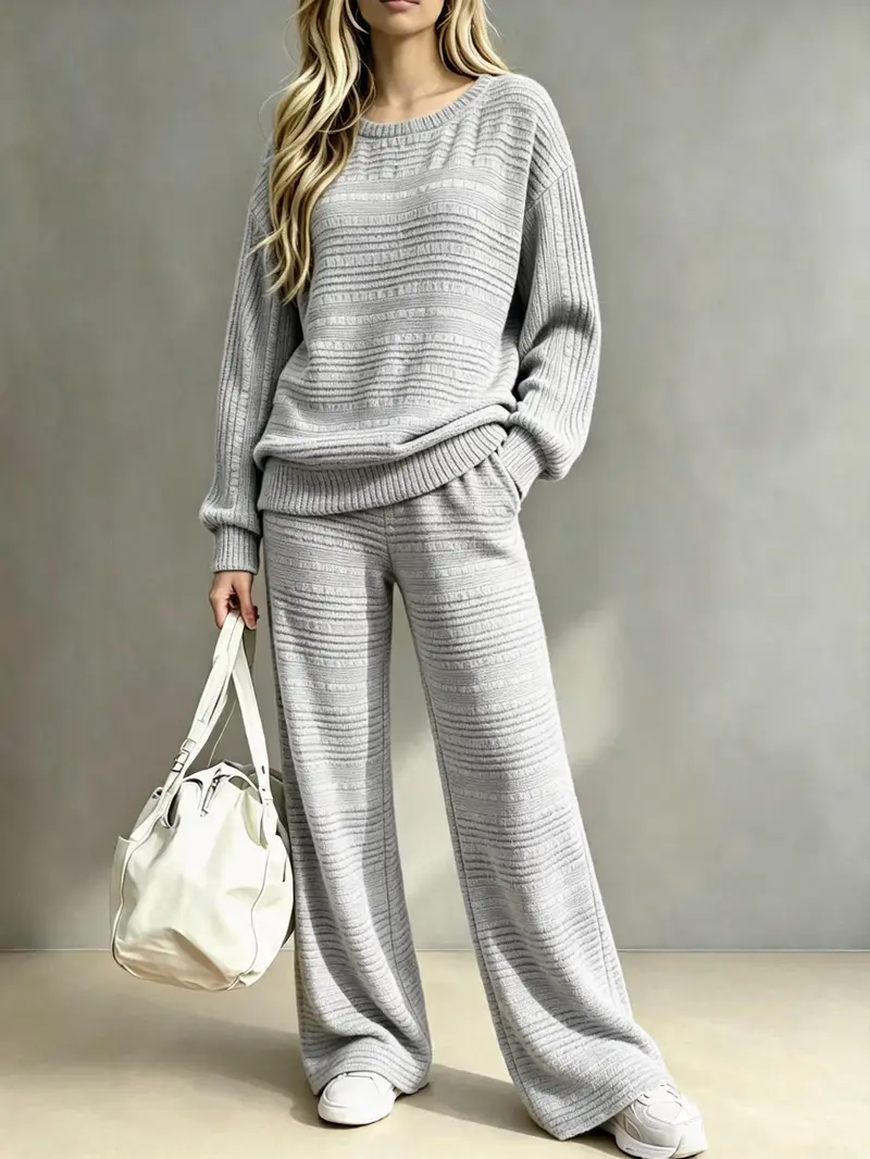 Women's knit two piece set with oversized sweater top and wide leg pants – image 3