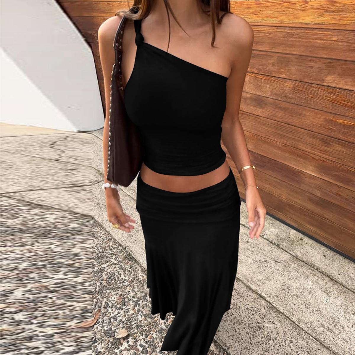 Two-piece Set, Beach Outfits Set, Women's Solid Color One Shoulder Knotted Sleeveless Tank Top & Bodycon Ruched Irregular Hem Skirt, Casual Outfits for Daily Outdoor Wear, Ladies Clothes for Summer