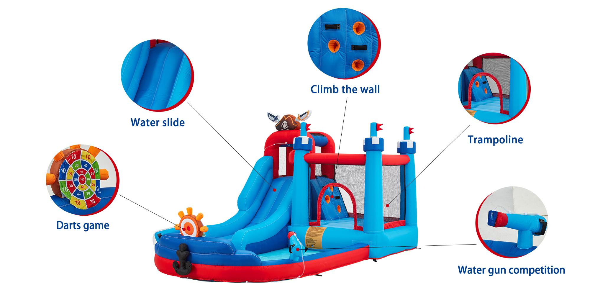 EROMMY Inflatable Trampoline Bounce House, Bounce House with Water Slide for Kids 3-8, Water Slide Bounce House with a Mermaid Shape, Volleyball Match, Trampoline, Water Gun Competition, Storage Bag, 480W Blower for Outdoor Backyard