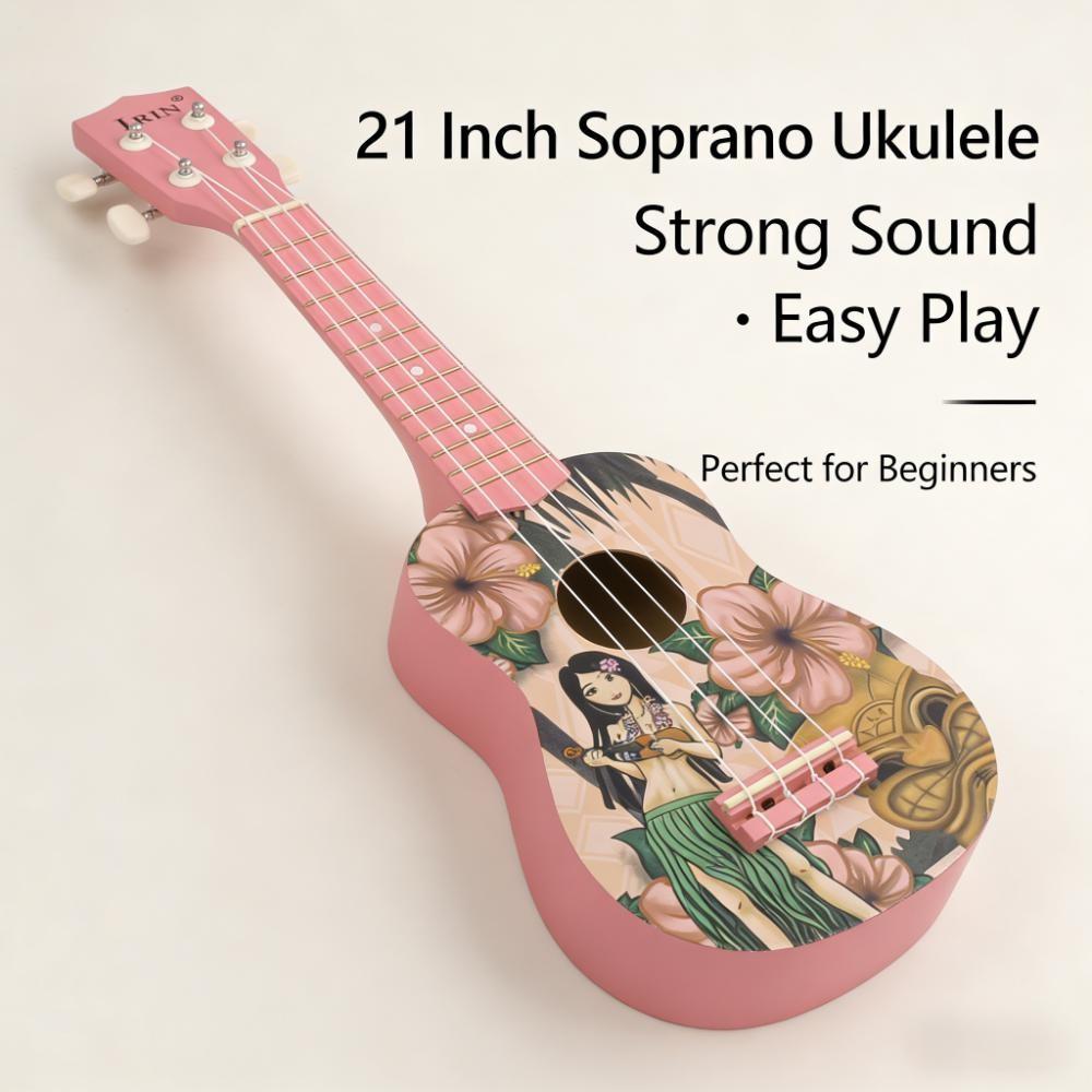 Cute Style 21 Inch Ukulele Hawaiian Girl Soprano Ukulele with Colorful Design for Beginner Practice and Summer Music Playing
