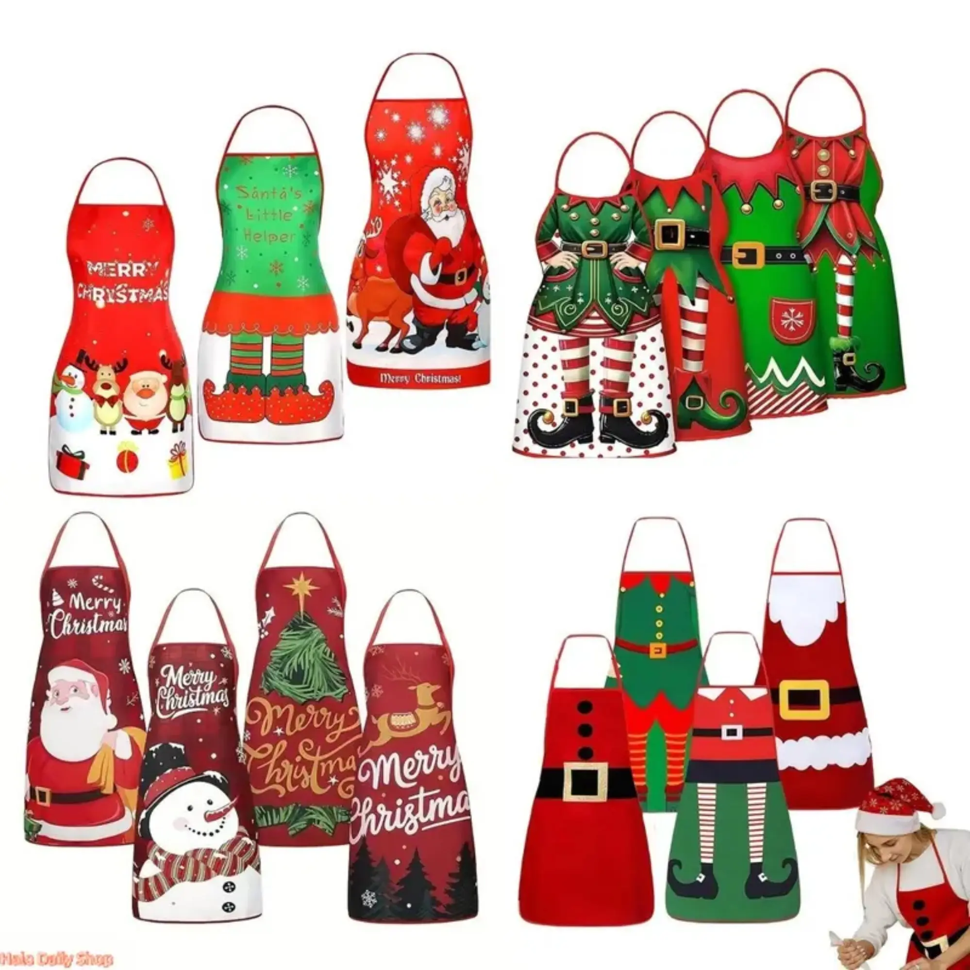Christmas Waterproof Kitchen Apron, Santa Snowman Elf Print Oil‑Proof Cooking Apron for Xmas Holiday Party Cooking Baking