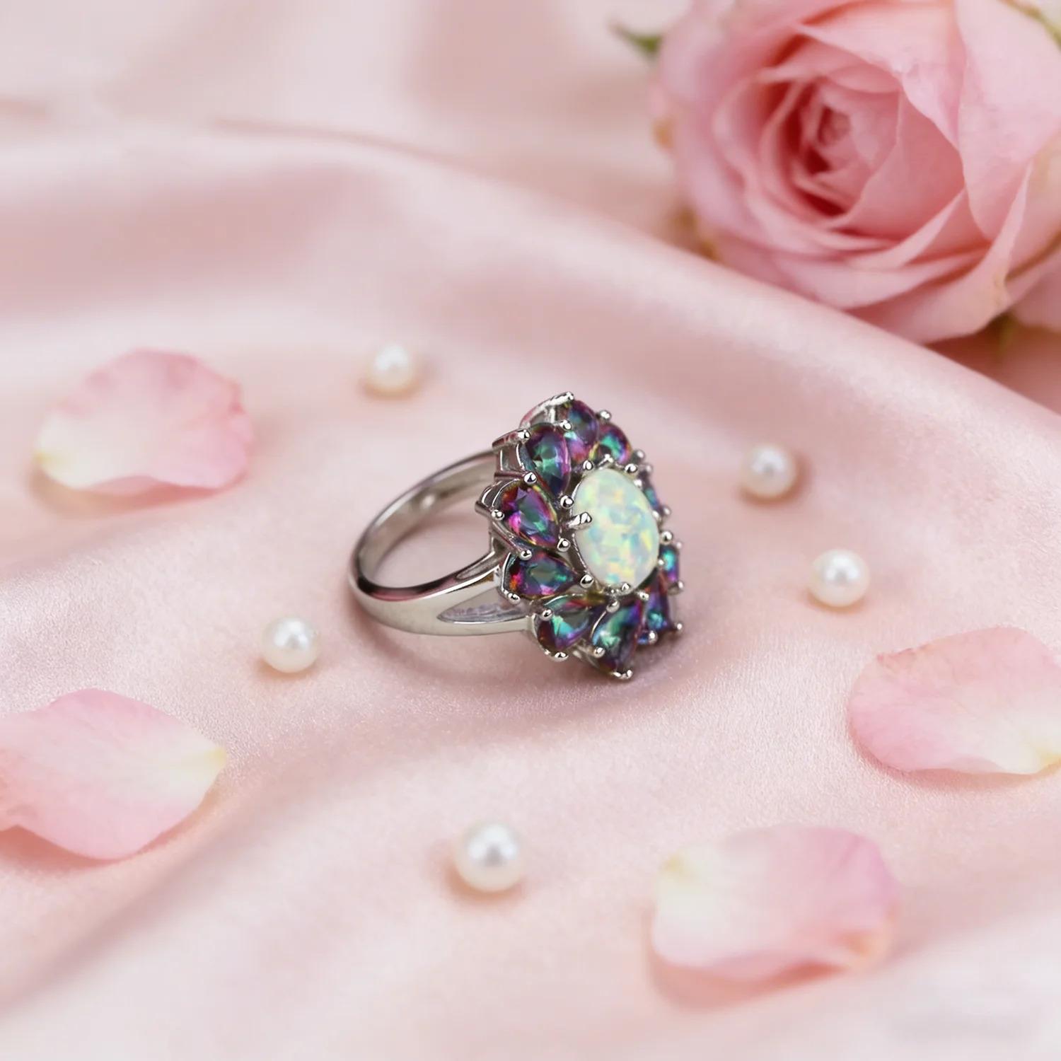 Luxury Floral Rainbow Stone & White Opal Birthstone Rings For Women Fashion Vintage Jewelry Christmas Wedding Gift for Lovers