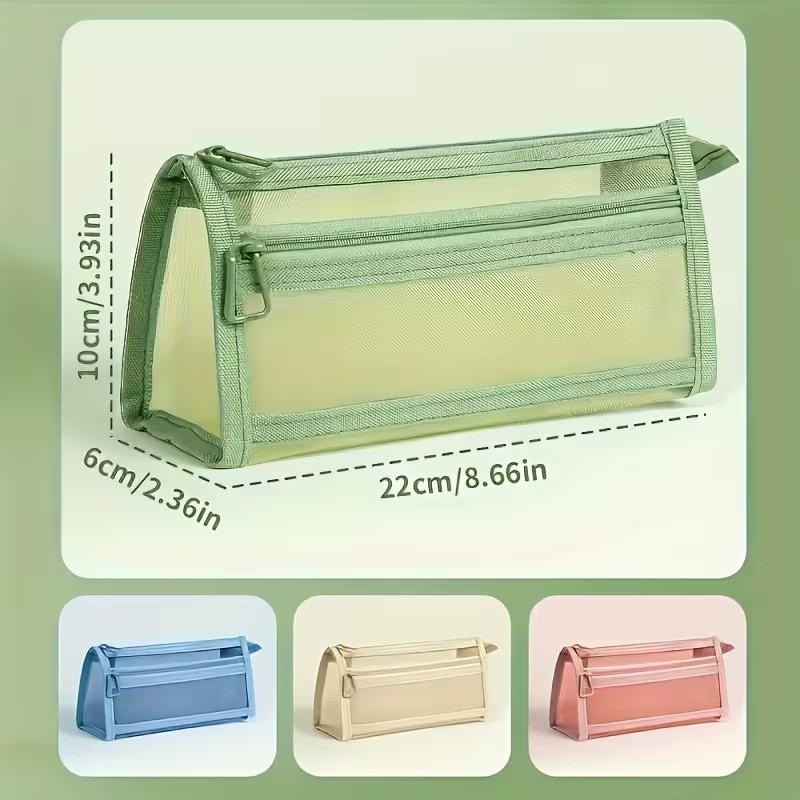 Transparent Mesh Dual-Layer Pencil Case, Kids' Unisex New Design, Large Capacity, High Aesthetic, Simple Subject Stationery Bag, Desk Supplies