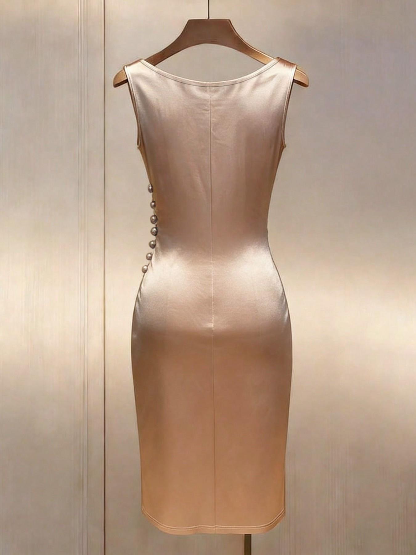 Summer Knit Satin Dress, Champagne Color, Halter Neck, Sleeveless, Waist Cinch, Midi Length, Pleated Design, Button Detail, Evening Gown, Ffsp2640