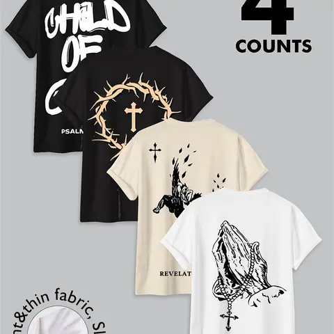 Men's Letter & Cross Print Round Neck Tee, Regular Fit Casual Short Sleeve T-Shirt for Daily Wear, Men's Top for All Seasons, Fitted T Shirts