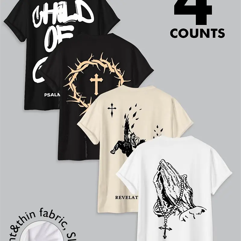 Men's Letter & Cross Print Round Neck Tee, Regular Fit Casual Short Sleeve T-Shirt for Daily Wear, Men's Top for All Seasons, Fitted T Shirts