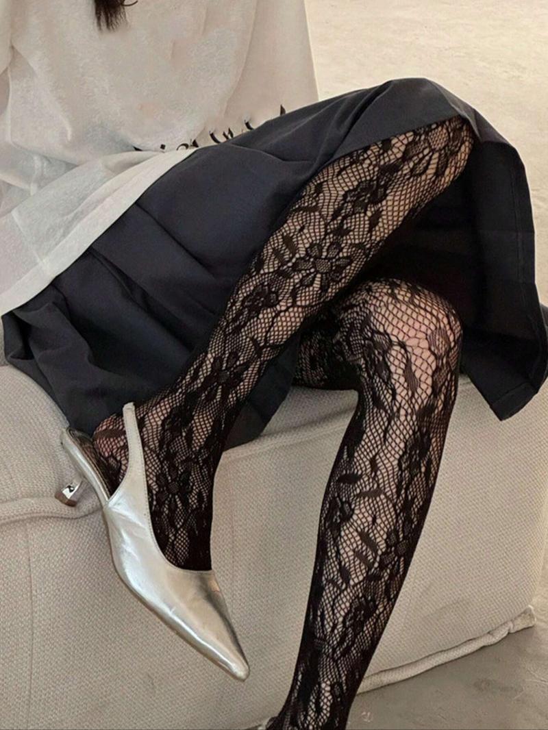Thin Solid Color Sheer Hollow Out Pantyhose, Sexy Lace Net Stockings, Black & Wine Red For Women