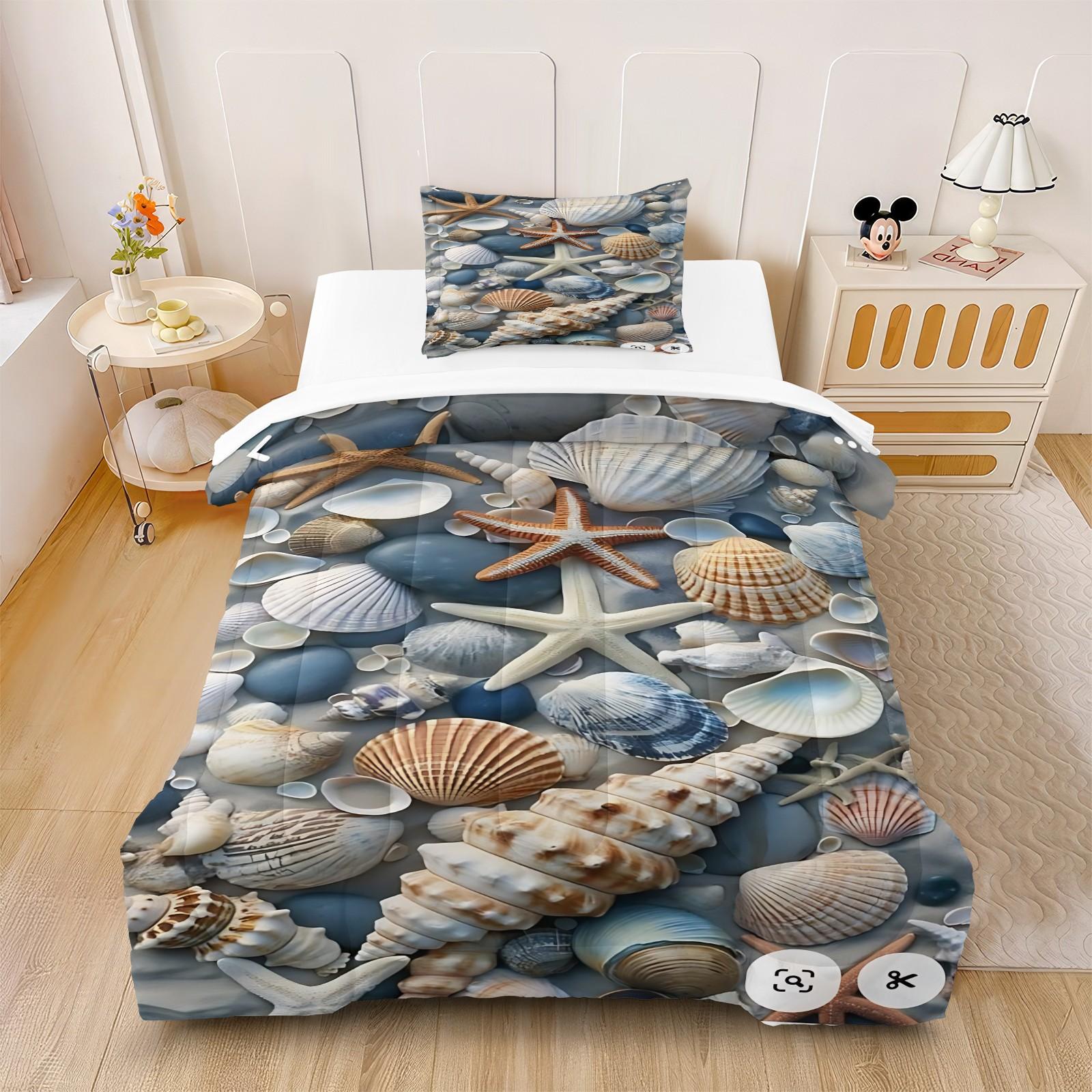 Seashell & Starfish Comforter Set-with Silk-Cotton Filling, Coastal Beach Themed Bedding Set, 3D Digital Print Bed Set with Includes 1/2 Pillowcases - without Core, Soft Microfiber Bedding, All Season Cozy Quilt for Beach Lover Bedroom Decor Bedding Set