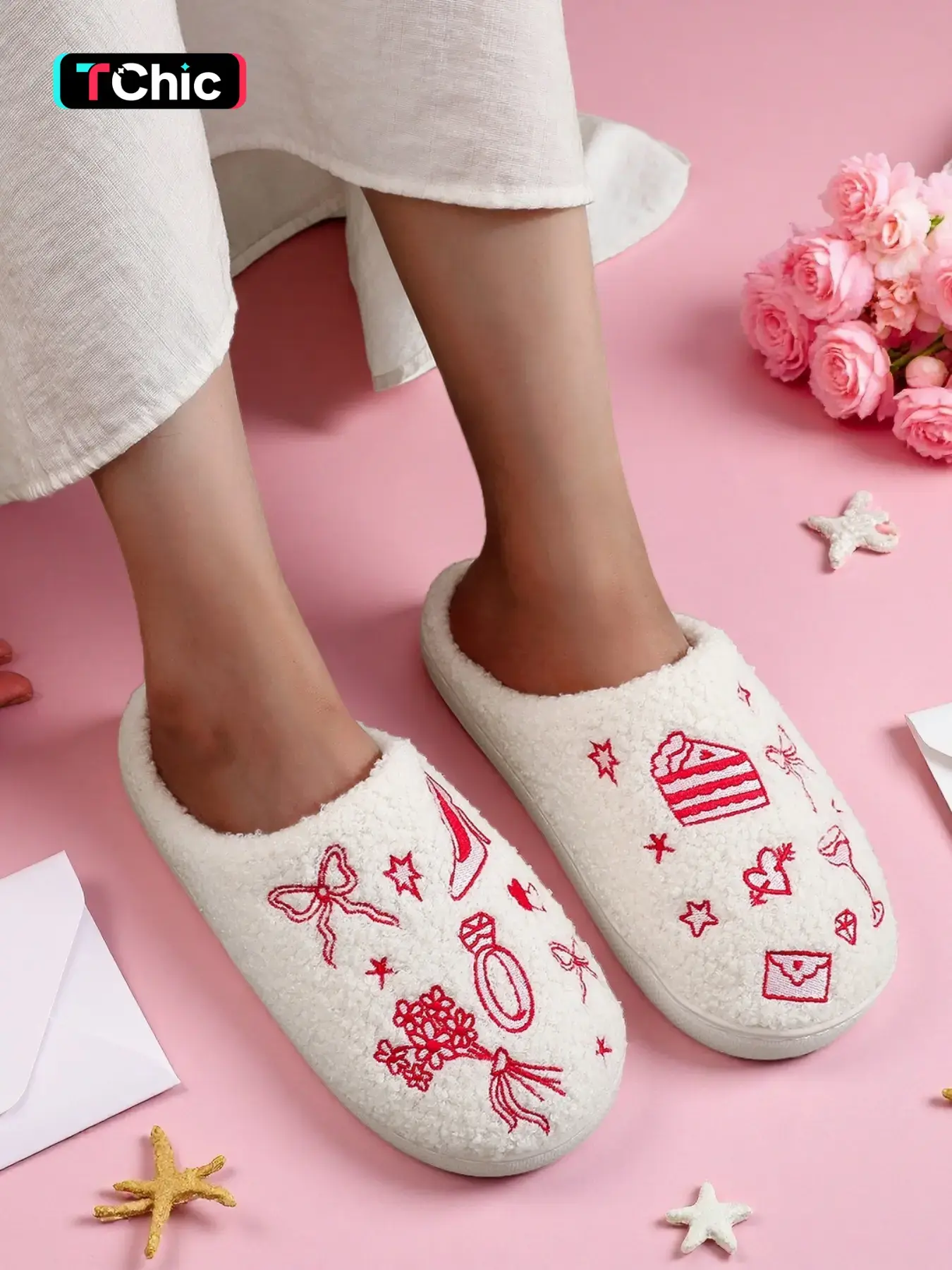 Cute Plush Home Slippers for Women, High Heel Bow Embroidered Warm Shoes, Indoor Outdoor Anti-Slip Slip-Ons, Fall Winter Christmas Gift For Girls