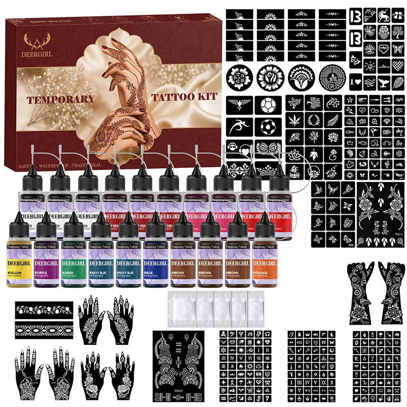 Festival party DIY henna temporary tattoo set gift box with 20 multi-color ink bottles & reusable stencils. Diverse patterns with mild skin-safe formula, essential painting kit for bridal looks, school events and carnival parties Temporary Tattoo Kits.
