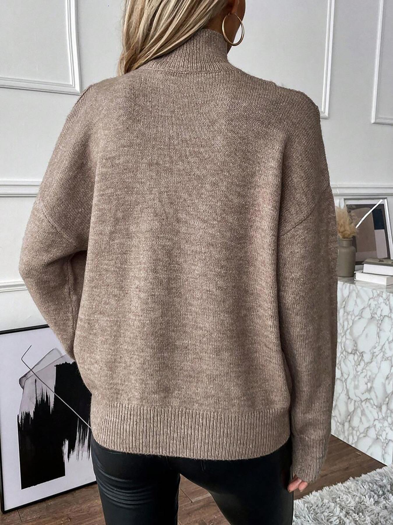 Autumn Winter New Pure Color Loose Simple Fashion Knit Off-Shoulder Long Sleeve High Neck Sweater, Soft Comfortable Elegant Casual Top Womenswear