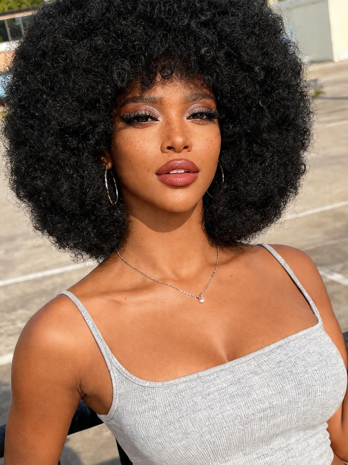 70s Afro Wig With Bangs Curly Wigs for Black Women 12 Inch  display picture 2