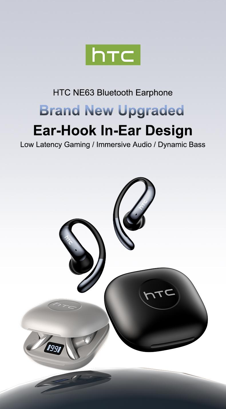 HTC NE63 Wireless Earphones, Bluetooth 6.0, low latency gaming, Hi-Fi sound quality, panoramic sound effect, noise cancellation, and high-definition calls. Suitable for studying, meetings, gaming, and sports