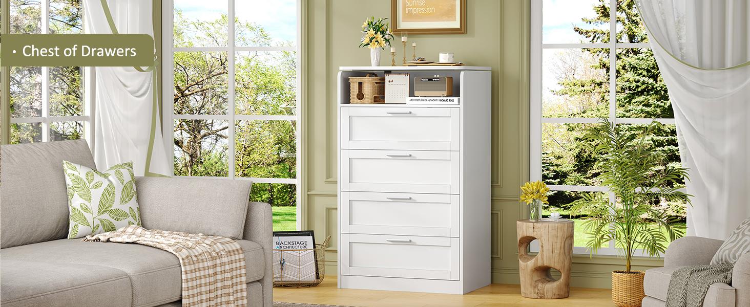 Dresser for Bedroom, Tall White Dresser with 4 Drawers, Dressers with Mirror, Chest of Drawers for Bedroom, Living Room, Closet, Hallway, White