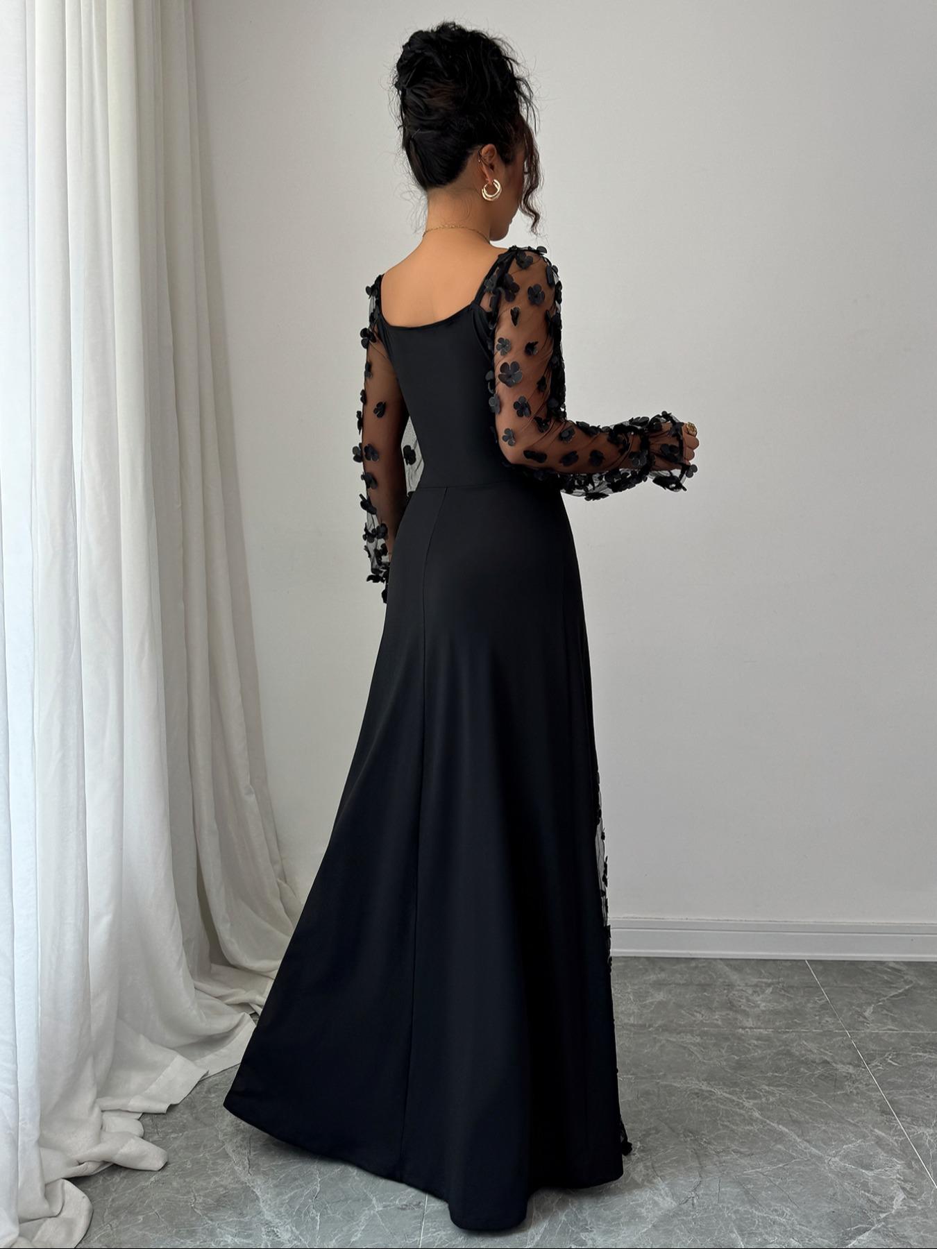 Pure Color Elegant Chic Square Neck Mesh Long Sleeve Split Design Dress, Fitted Plain Style, Perfect for Casual and Formal Occasions