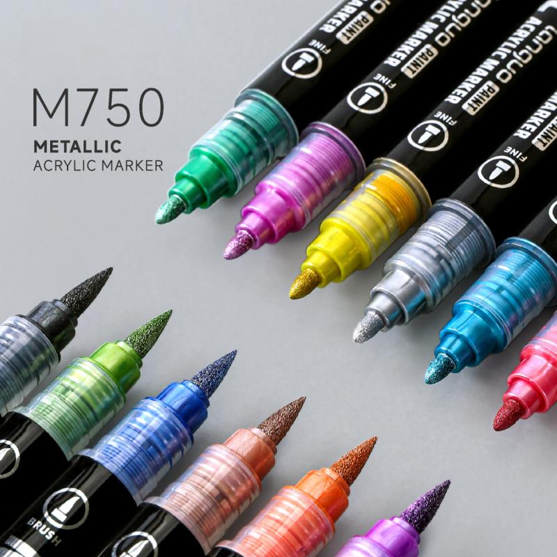 Acrylic Paint Metallic Markers, Automatic ink control Dual Tip (Brush & Fine)for Black Paper & Rock Painting Metallic Acrylic Paint Markers for DIY Crafts, Scrapbooking, Glass, Wood, Drawing Markers