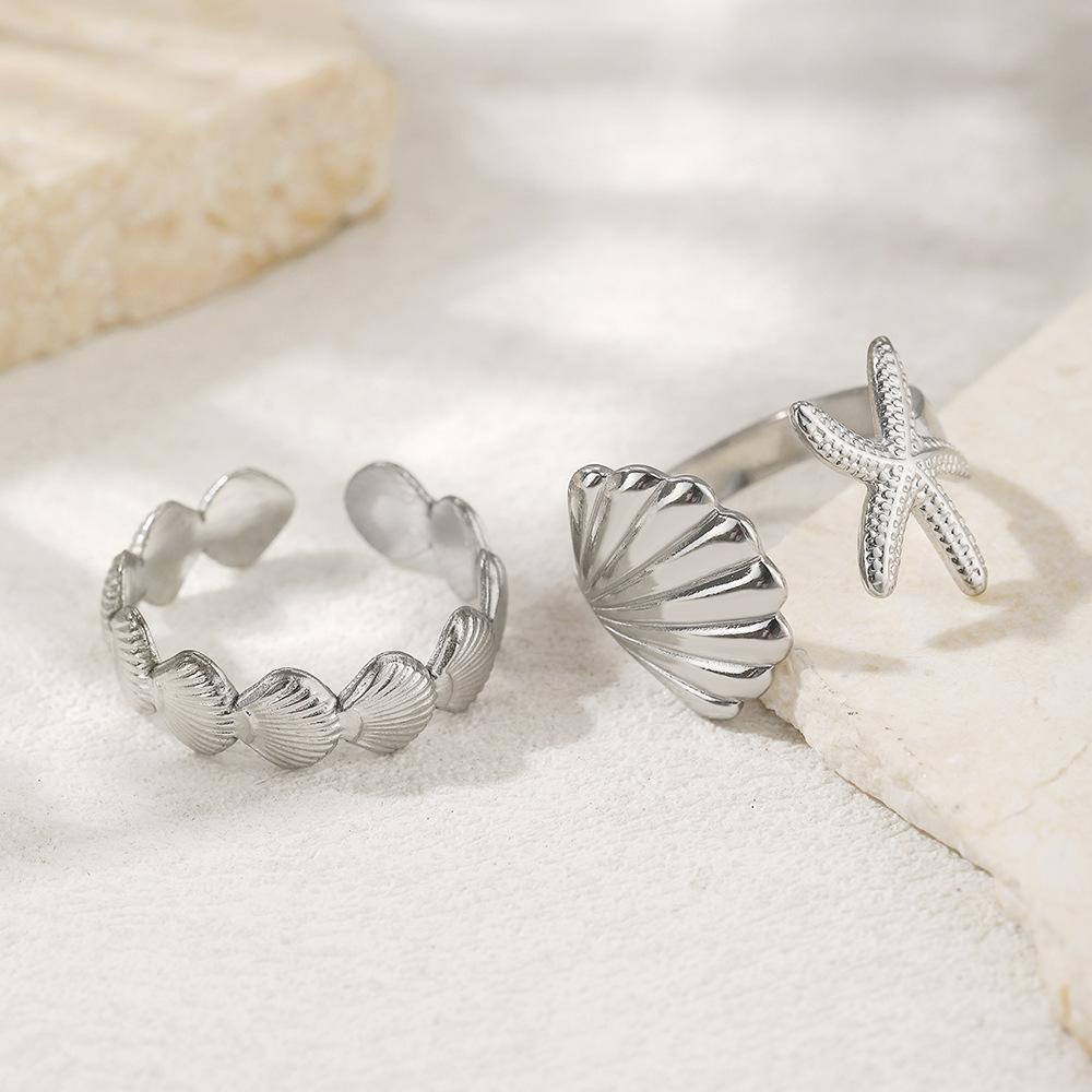 Ocean Element Stainless Steel Jewelry - Fresh Beach Style Shell Sea Star Open Adjustable Ring for Women