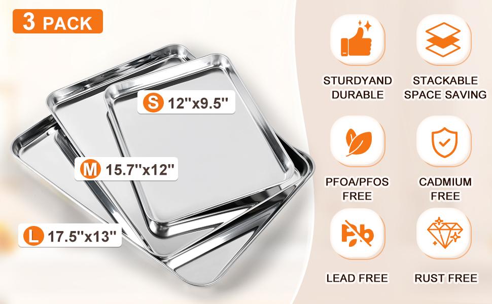 Baking Sheet Set of 3, Stainless Cookie Sheets for Baking, 12/16/17.5 Inch, Thicker and Firmer Baking Pans Set, Rust & Warp Resistant & Nonstick, Nontoxic&&Easy