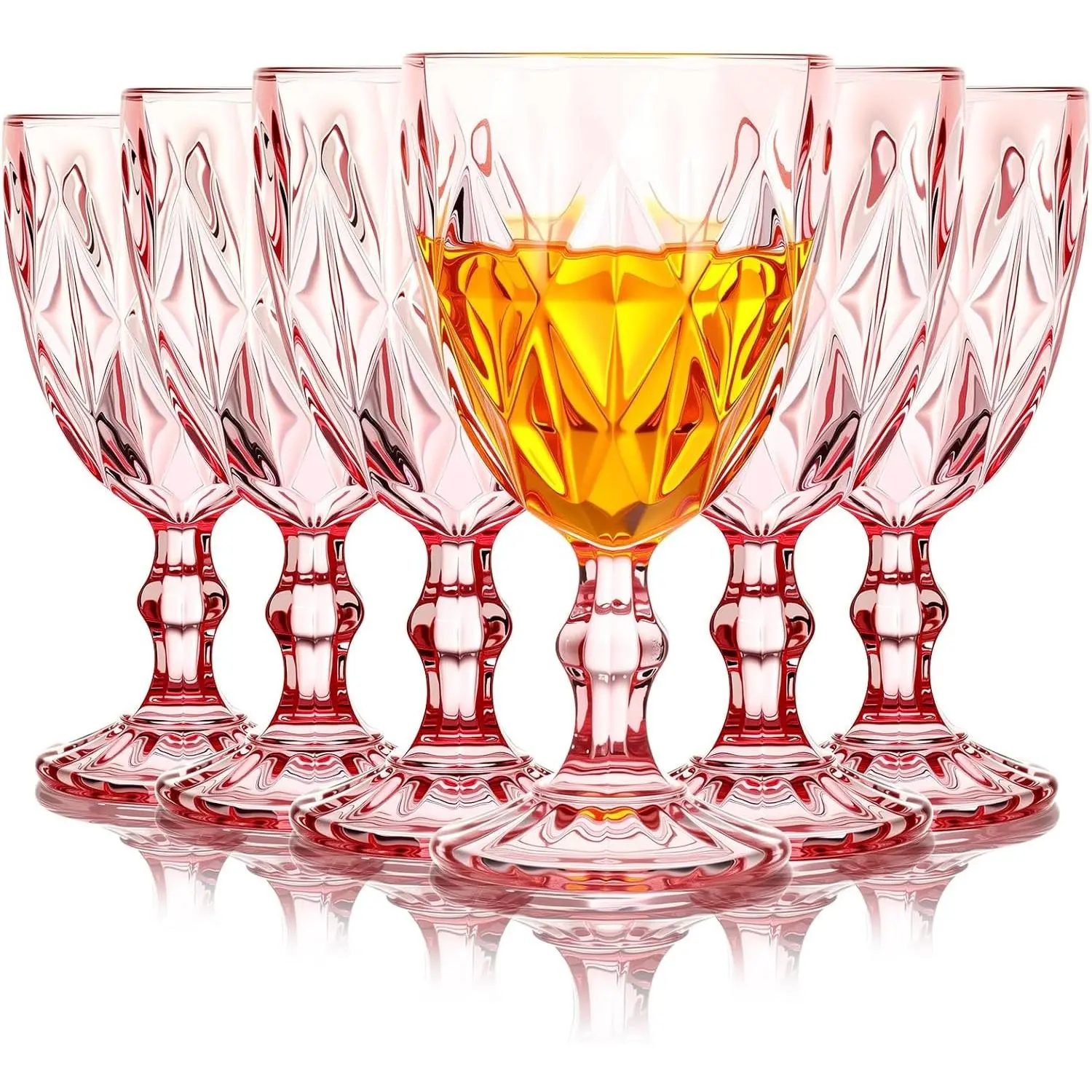 Glass Goblet Vintage Wine Goblet Embossed Glassware 10 oz Solid Color Glass Stemmed Cups for Iced Tea Beverage Soda Juice Water Liquor and Party Wedding Bars Restaurants(Pink,6 Pack)