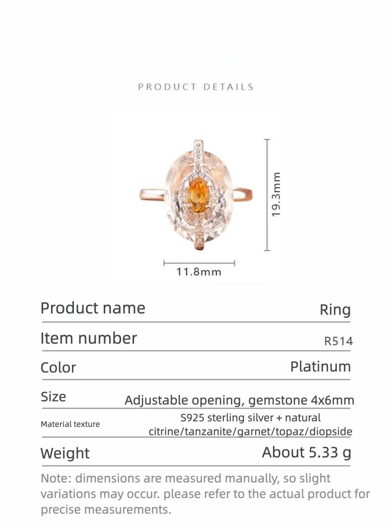 S925 Sterling Silver Natural Citrine & Clear Quartz Rings for Women – Minimalist Index Finger Band, Light Luxury Statement Jewelry